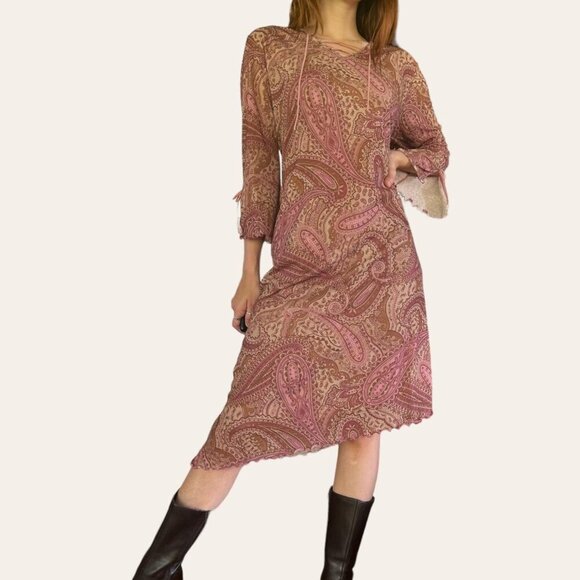 90s vintage boho mesh asymmetric paisley midi dress - Expressions Large - Picture 2 of 8